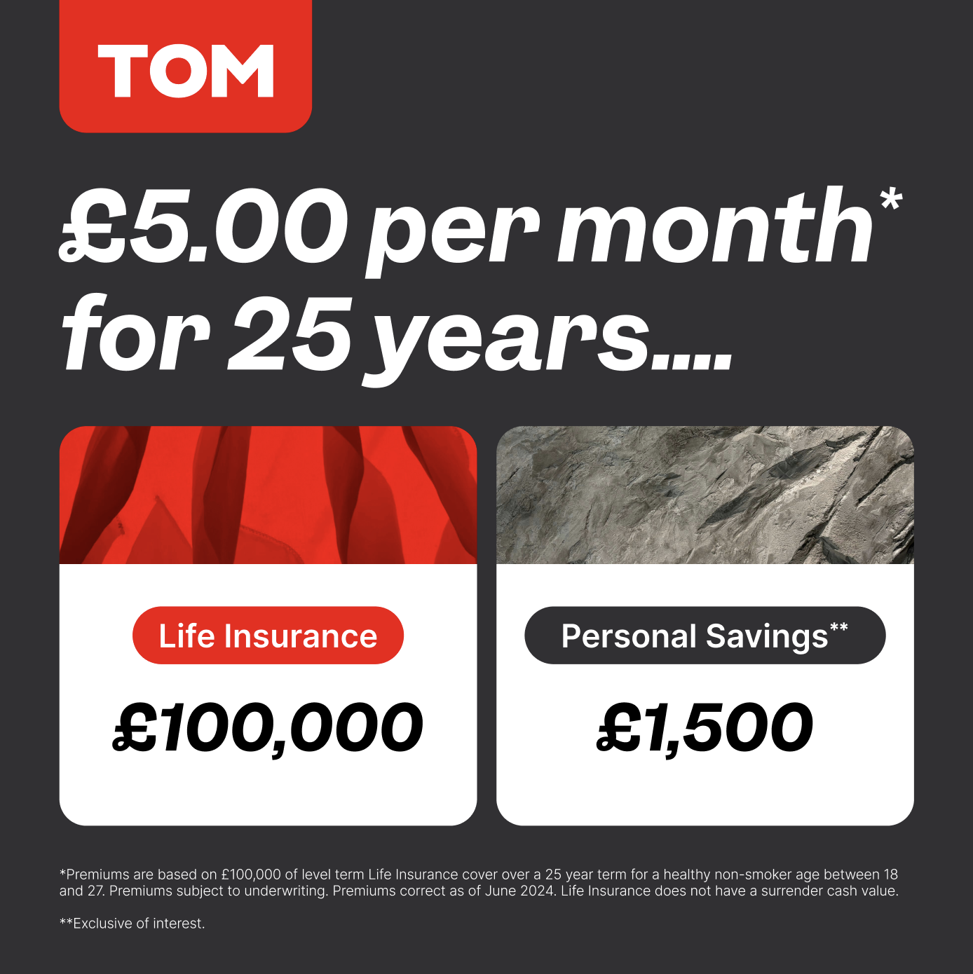 TOM paid ad — '£5.00 per month for 25 years' price anchor
